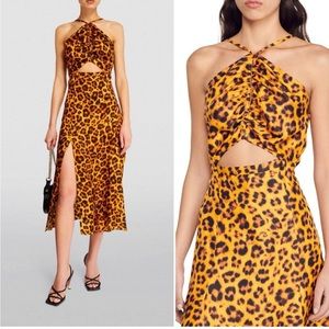 NWT SANDRO Kalinda Leopard Animal Print Slit Cut Out Tie Neck Dress 36